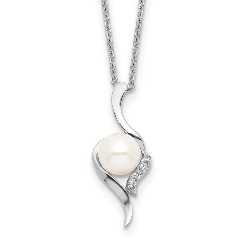 Sterling Silver Rhodium-Plated 6-7mm White Fwc Pearl Cz Necklace