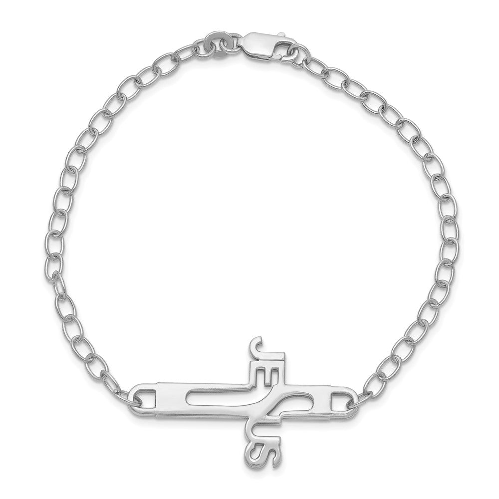 Sterling Silver Rhodium-Plated Jesus Cross Womens 7.5in Bracelet