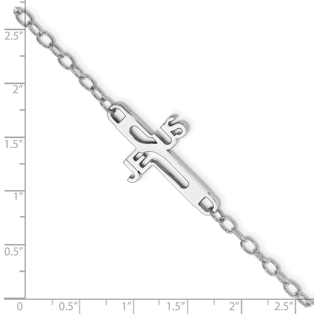 Sterling Silver Rhodium-Plated Jesus Cross Womens 7.5in Bracelet