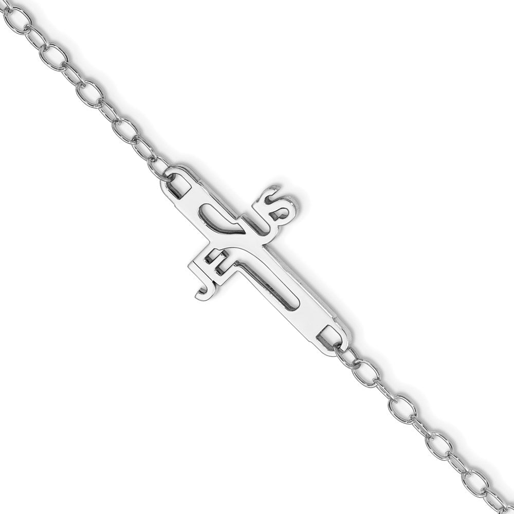 Sterling Silver Rhodium-Plated Jesus Cross Womens 7.5in Bracelet