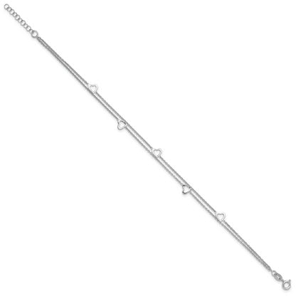 Sterling Silver Rhodium-Plated 2-Strand 9 In Plus 1In Ext. Heart Anklet