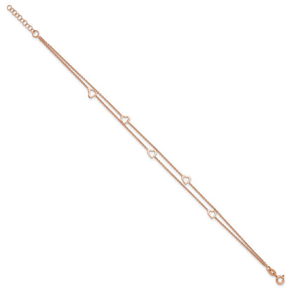 Sterling Silver Rose-Tone Polished Heart 9In Plus 1In Anklet