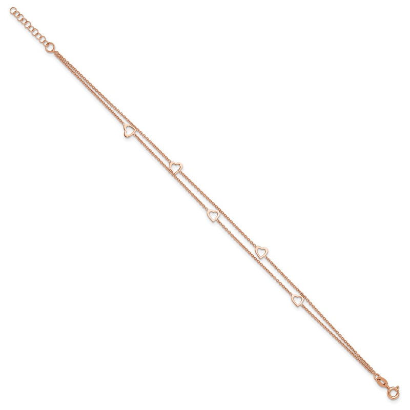 Sterling Silver Rose-Tone Polished Heart 9In Plus 1In Anklet