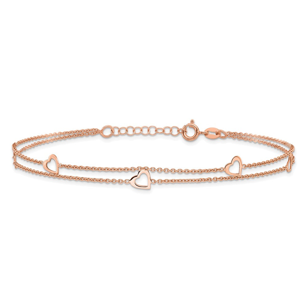 Sterling Silver Rose-Tone Polished Heart 9In Plus 1In Anklet