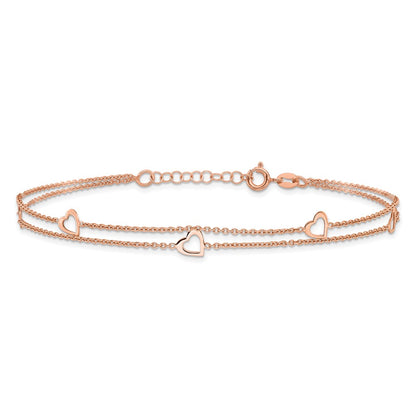 Sterling Silver Rose-Tone Polished Heart 9In Plus 1In Anklet