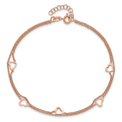 Sterling Silver Rose-Tone Polished Heart 9In Plus 1In Anklet