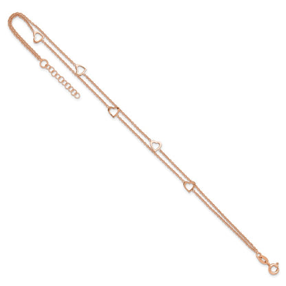 Sterling Silver Rose-Tone Polished Heart 9In Plus 1In Anklet