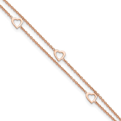 Sterling Silver Rose-Tone Polished Heart 9In Plus 1In Anklet