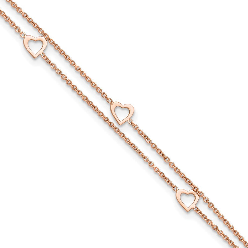 Sterling Silver Rose-Tone Polished Heart 9In Plus 1In Anklet