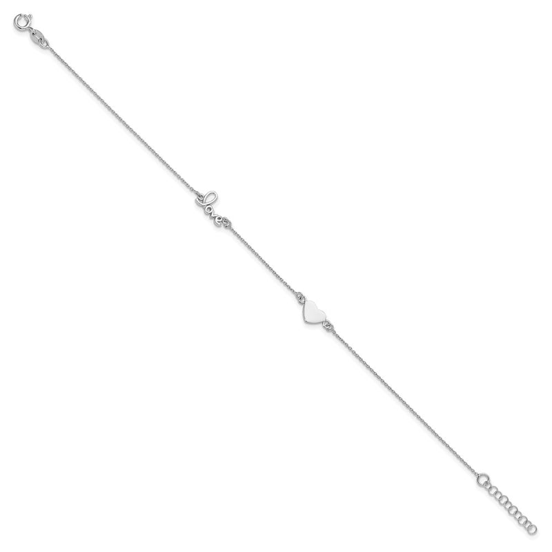 Sterling Silver Rhodium-Plated Heart And Love 9In Plus 1In Ext. Anklet