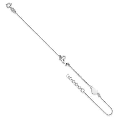 Sterling Silver Rhodium-Plated Heart And Love 9In Plus 1In Ext. Anklet