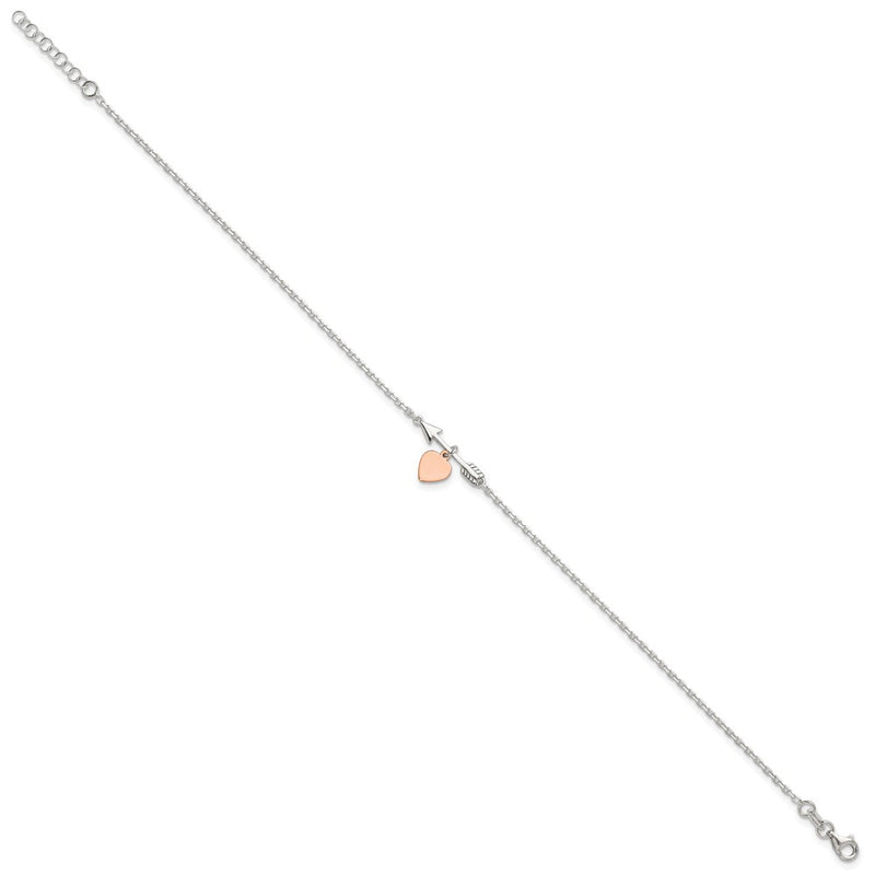 Sterling Silver Arrow With Rose-Tone Heart 10In Plus 1 Inch Ext Anklet