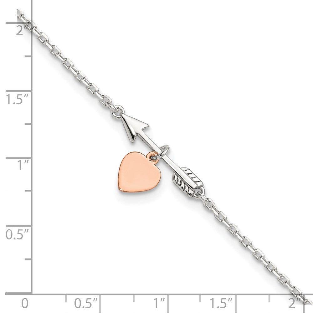 Sterling Silver Arrow With Rose-Tone Heart 10In Plus 1 Inch Ext Anklet