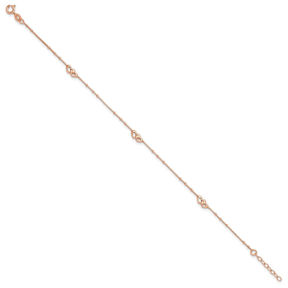 Sterling Silver Rose-Tone Polished Hearts 9In Plus 1In Ext Anklet