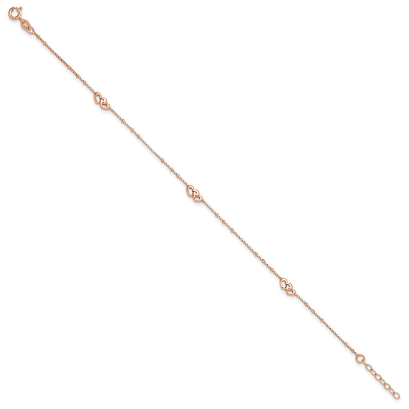 Sterling Silver Rose-Tone Polished Hearts 9In Plus 1In Ext Anklet