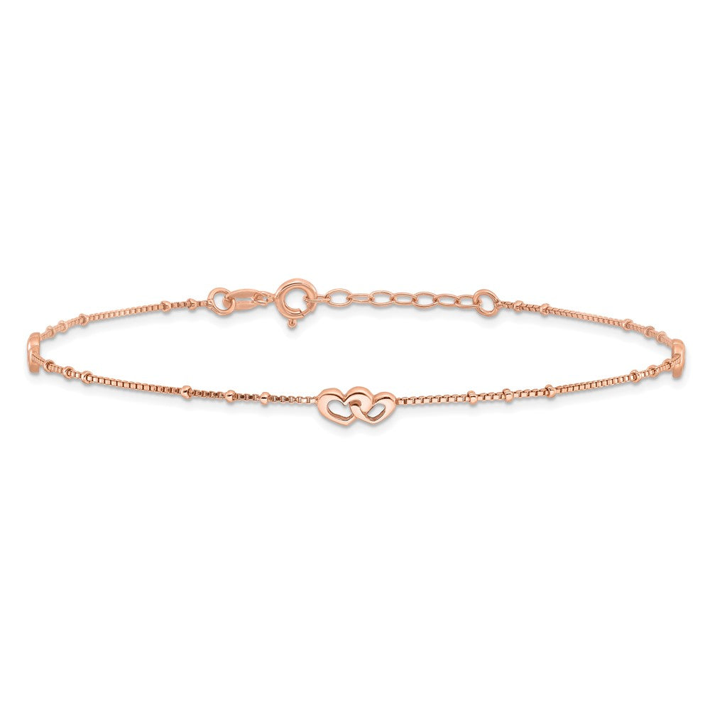 Sterling Silver Rose-Tone Polished Hearts 9In Plus 1In Ext Anklet