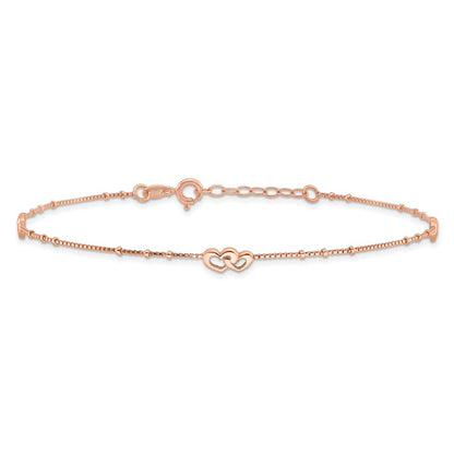 Sterling Silver Rose-Tone Polished Hearts 9In Plus 1In Ext Anklet