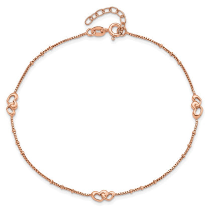 Sterling Silver Rose-Tone Polished Hearts 9In Plus 1In Ext Anklet