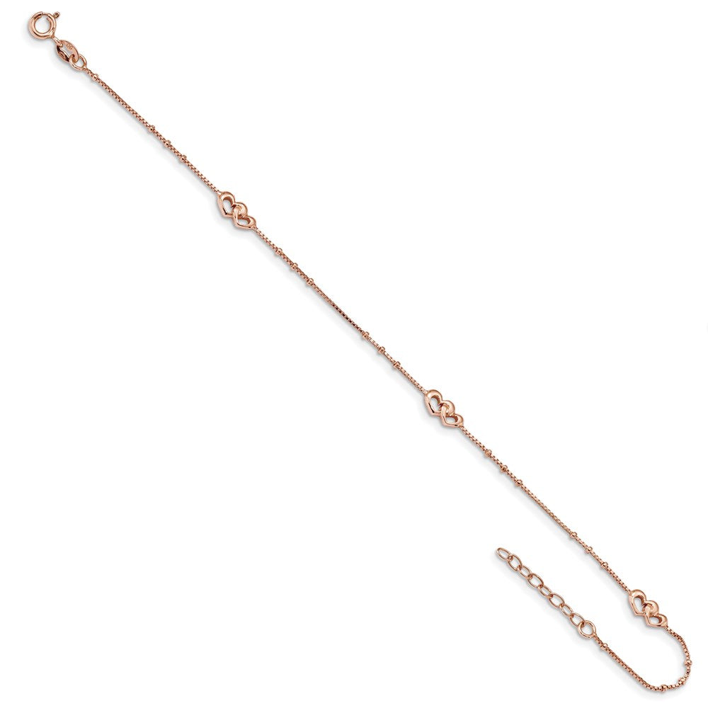 Sterling Silver Rose-Tone Polished Hearts 9In Plus 1In Ext Anklet