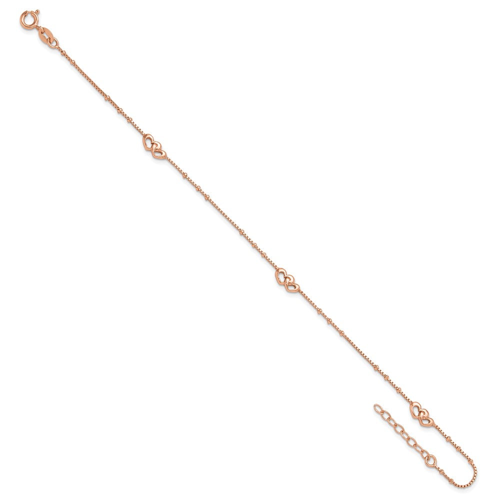 Sterling Silver Rose-Tone Polished Hearts 9In Plus 1In Ext Anklet
