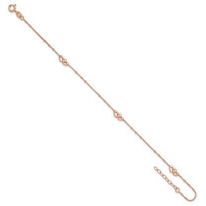 Sterling Silver Rose-Tone Polished Hearts 9In Plus 1In Ext Anklet