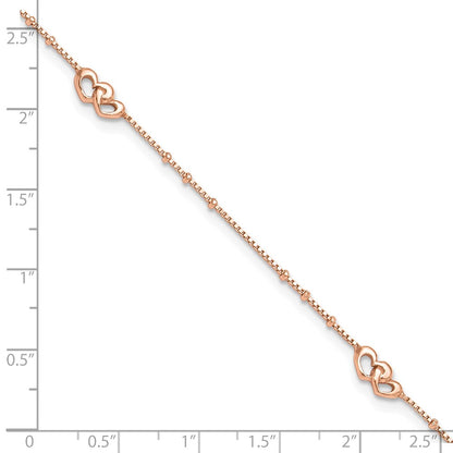 Sterling Silver Rose-Tone Polished Hearts 9In Plus 1In Ext Anklet
