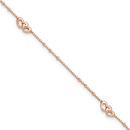 Sterling Silver Rose-Tone Polished Hearts 9In Plus 1In Ext Anklet