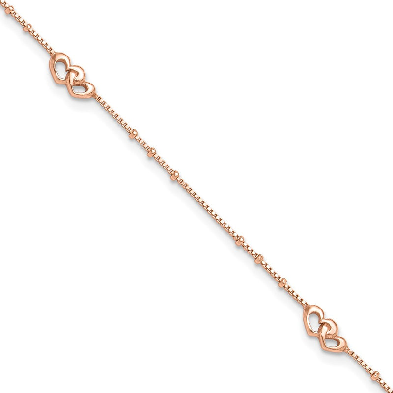 Sterling Silver Rose-Tone Polished Hearts 9In Plus 1In Ext Anklet