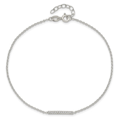 Sterling Silver Polished Cz Bar 9In Plus 1In Ext. Anklet