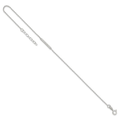Sterling Silver Polished Cz Bar 9In Plus 1In Ext. Anklet