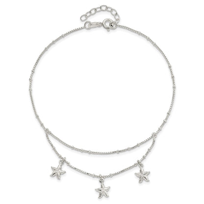 Sterling Silver Polished 2-Strand Starfish 9In Plus 1In Ext Anklet