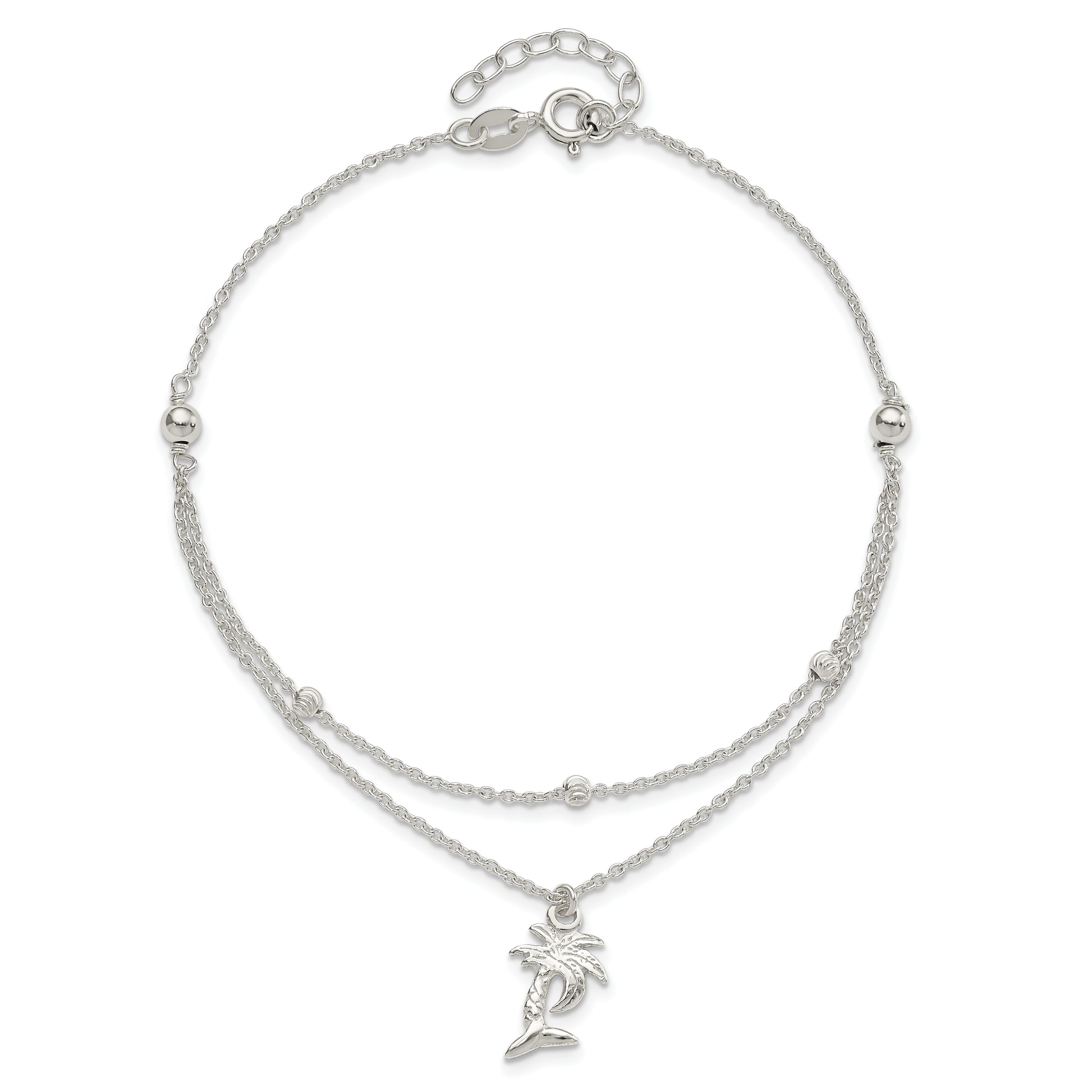 Sterling Silver Polished 2-Strand Palm Tree 9In Plus 1In Ext Anklet