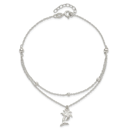 Sterling Silver Polished 2-Strand Palm Tree 9In Plus 1In Ext Anklet