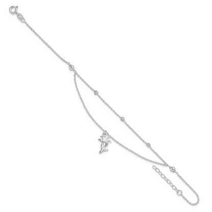 Sterling Silver Polished 2-Strand Palm Tree 9In Plus 1In Ext Anklet