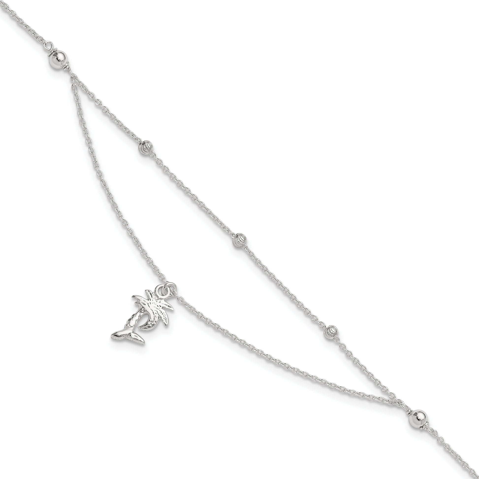 Sterling Silver Polished 2-Strand Palm Tree 9In Plus 1In Ext Anklet