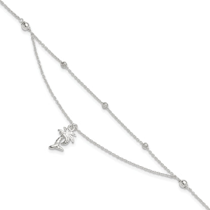 Sterling Silver Polished 2-Strand Palm Tree 9In Plus 1In Ext Anklet