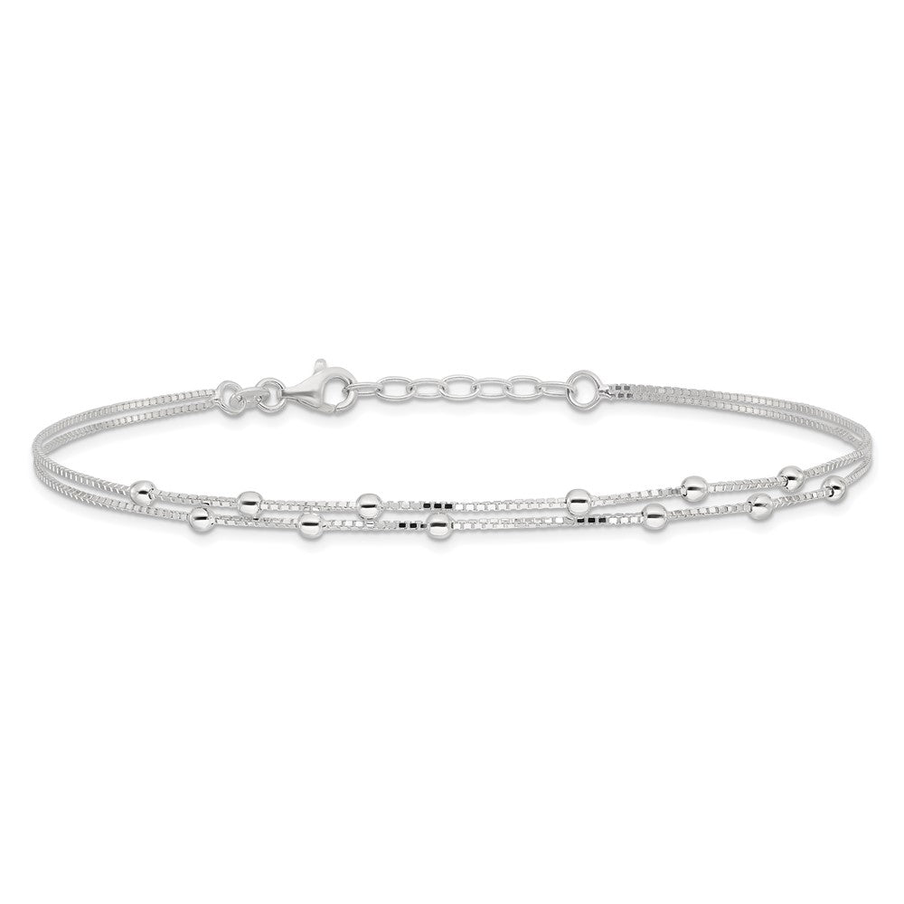 Sterling Silver Polished Beaded 2-Strand 9 Inch Plus 1 Ext. Anklet
