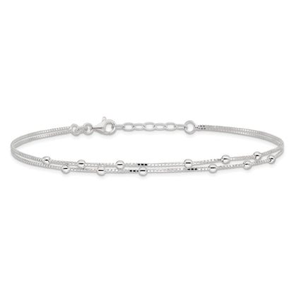 Sterling Silver Polished Beaded 2-Strand 9 Inch Plus 1 Ext. Anklet
