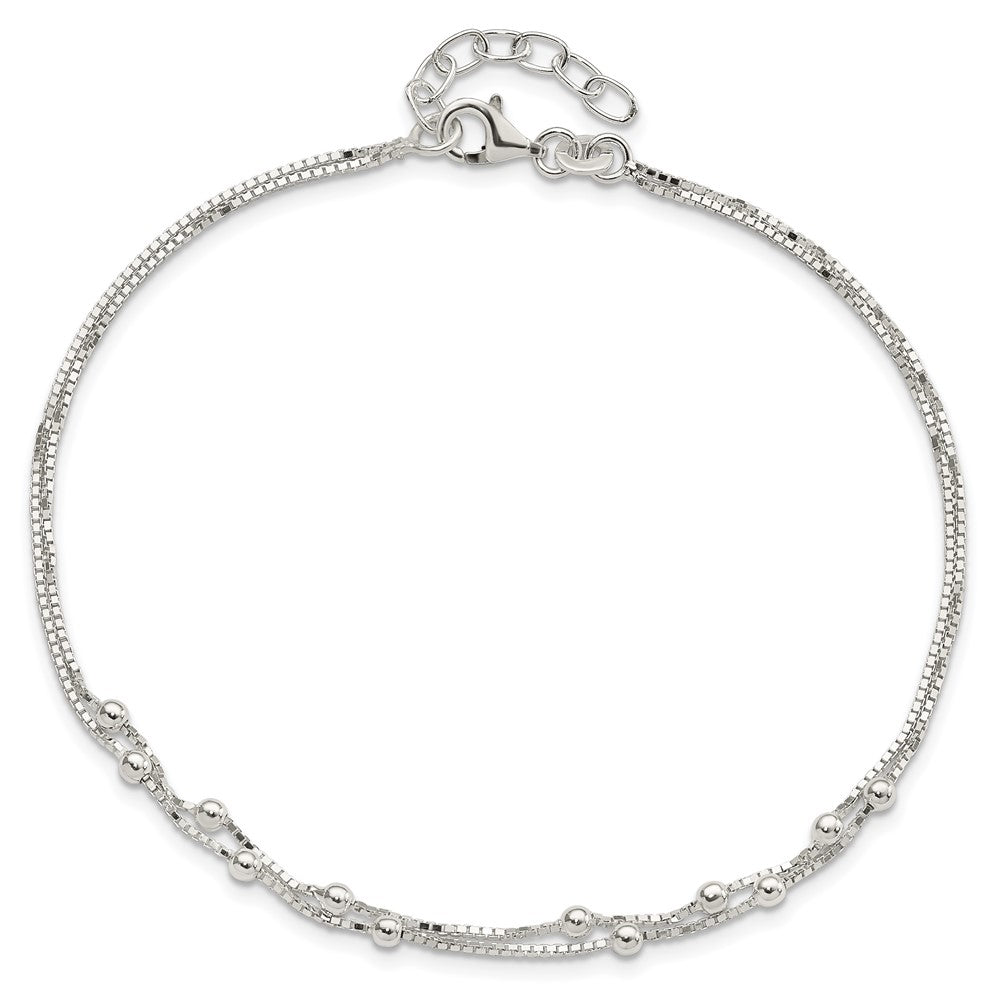 Sterling Silver Polished Beaded 2-Strand 9 Inch Plus 1 Ext. Anklet