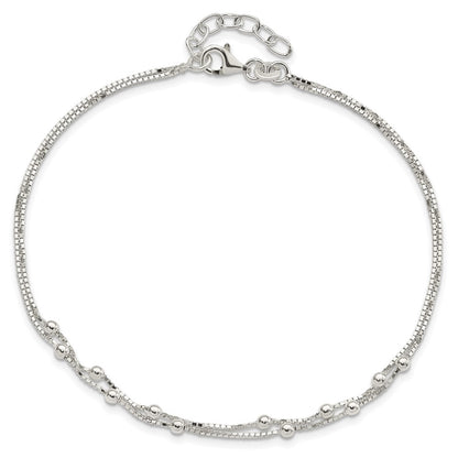 Sterling Silver Polished Beaded 2-Strand 9 Inch Plus 1 Ext. Anklet