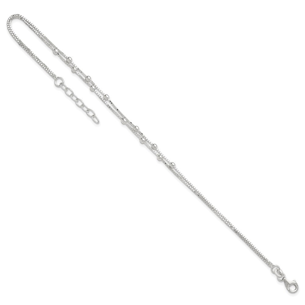 Sterling Silver Polished Beaded 2-Strand 9 Inch Plus 1 Ext. Anklet
