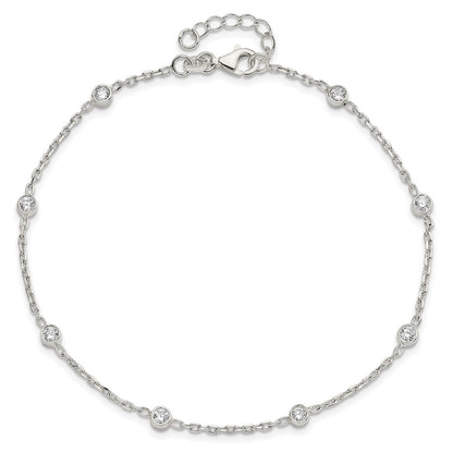 Sterling Silver Polished W/Cz 9 Inch Plus1 Ext. Anklet