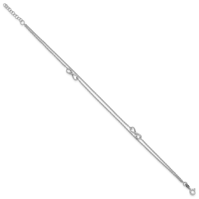 Sterling Silver Rhodium-Plated 2-Strand 9In Plus 1In Ext. Infinity Anklet
