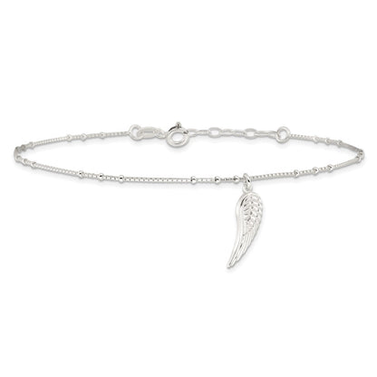 Sterling Silver Polished Wing Dangle 9In Plus 1Ext Anklet