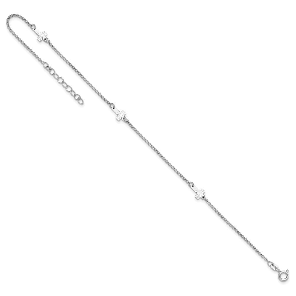 Sterling Silver Rhod-Plated Diamond-Cut Crosses 9In Plus 1In Ext. Anklet