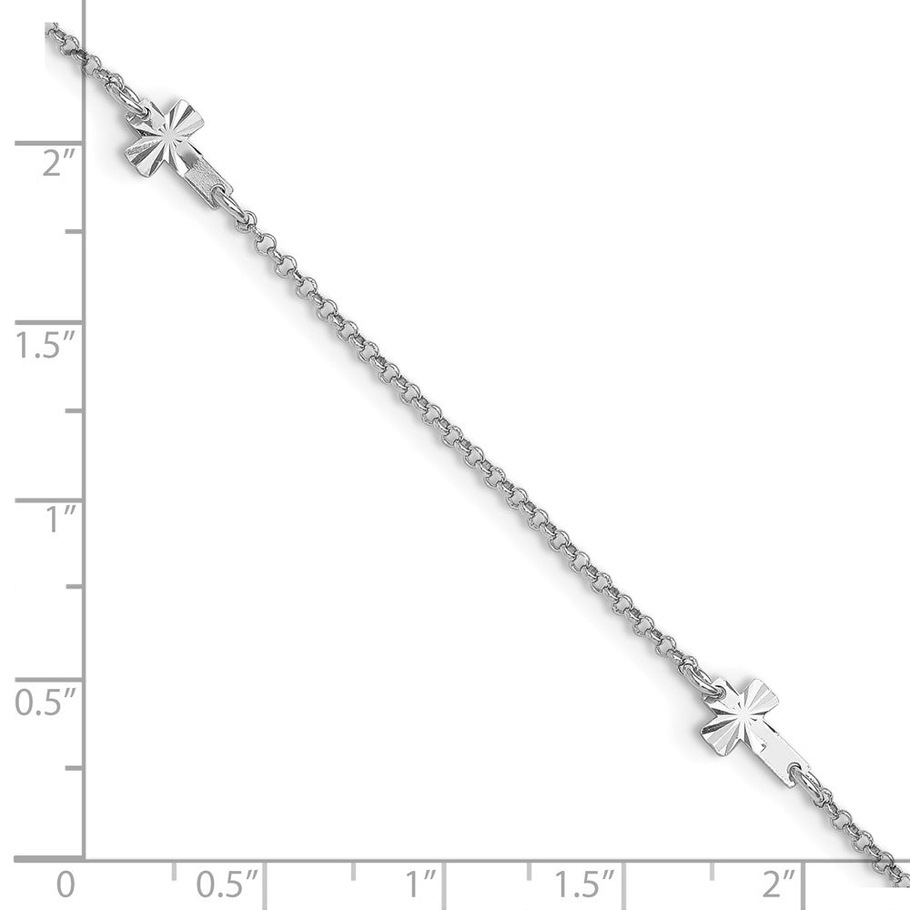Sterling Silver Rhod-Plated Diamond-Cut Crosses 9In Plus 1In Ext. Anklet