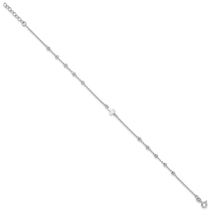 Sterling Silver Rhod-Plated Diamond-Cut Beads 9In Plus 1In Ext. Cross Ankle