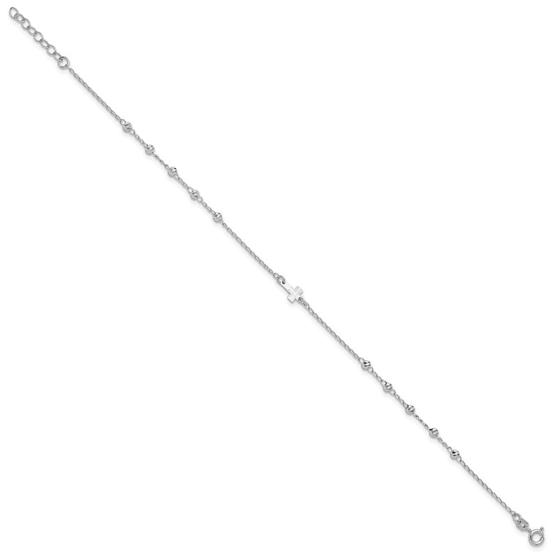 Sterling Silver Rhod-Plated Diamond-Cut Beads 9In Plus 1In Ext. Cross Ankle