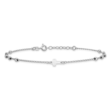 Sterling Silver Rhod-Plated Diamond-Cut Beads 9In Plus 1In Ext. Cross Ankle