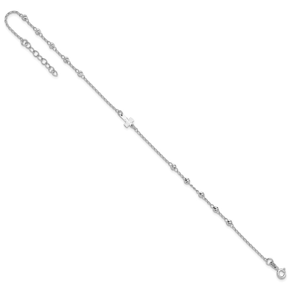 Sterling Silver Rhod-Plated Diamond-Cut Beads 9In Plus 1In Ext. Cross Ankle